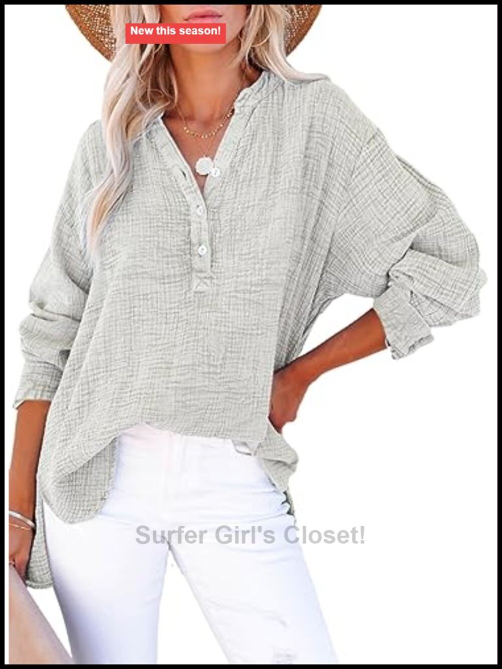 Women's Oversized Long Sleeve V Neck Button Down Blouse